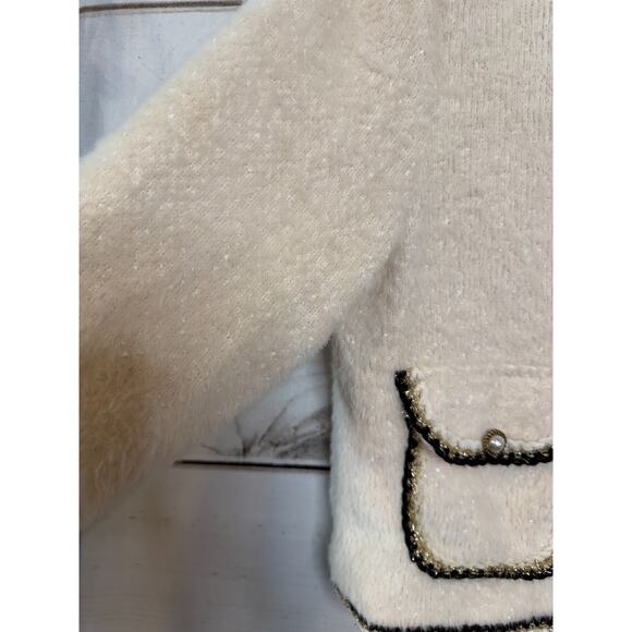 PLM Womens Jacket Sz LCream Fuzzy Gold Black Trim Pearl Holiday Party Festive - Picture 6 of 7
